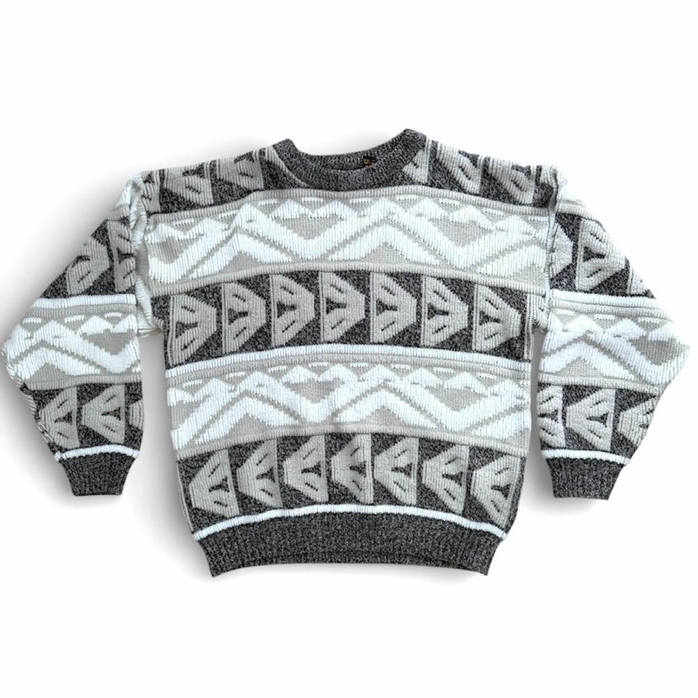 Vintage Chams Knit Geometric Crewneck Sweater Unisex 70s 80s Retro Aztec
